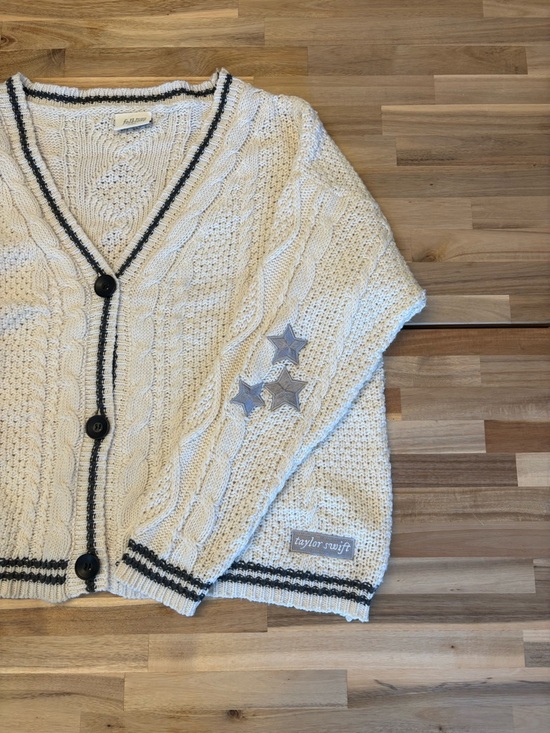 Taylor Swift Sweaters - Taylor Swift Folklore Cream Cable Knit Cardigan with Black Trim and Star Elbows